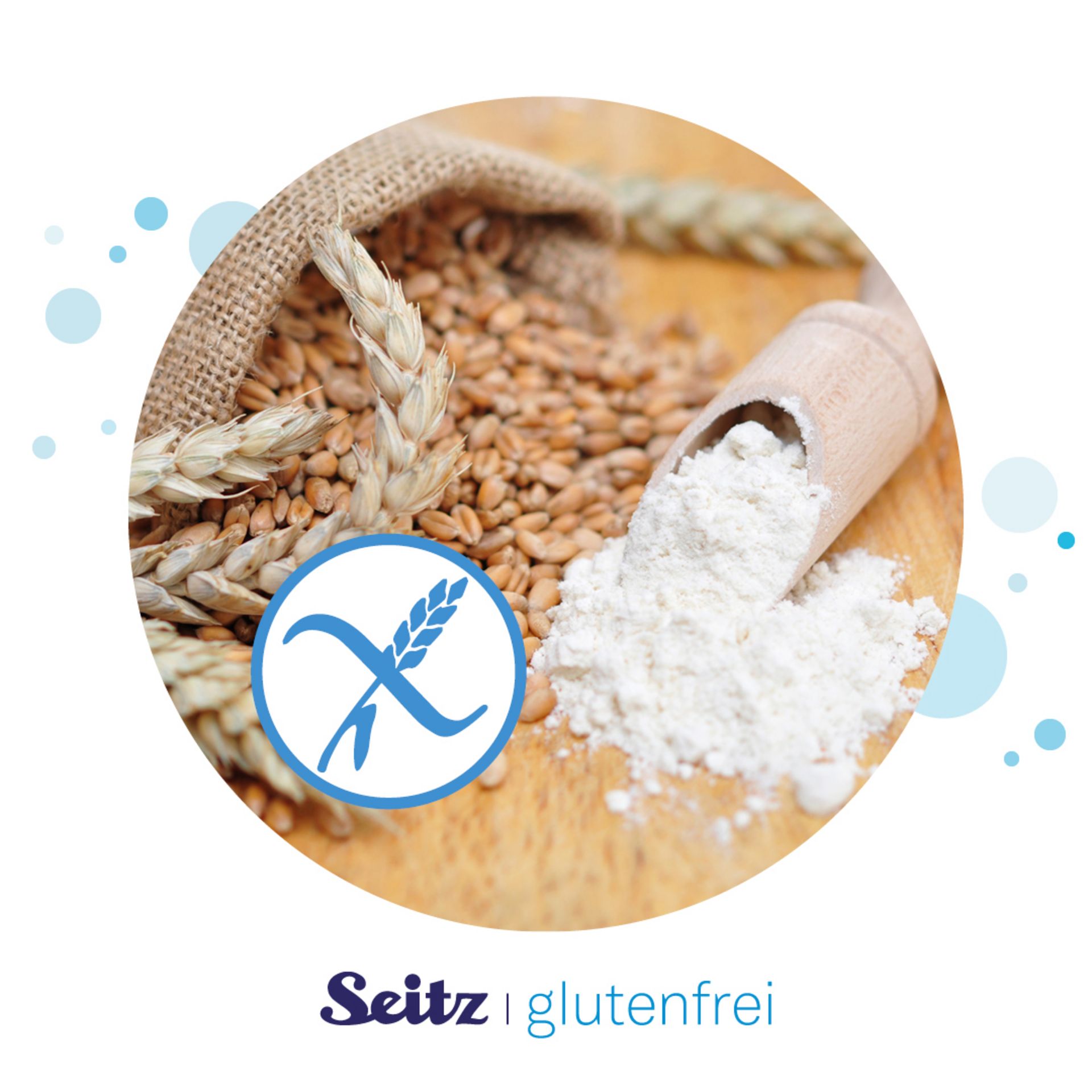 Verschiedene glutenfreie Mehle in Holzlöffeln mit glutenfrei-Symbol Verschiedene glutenfreie Mehle in Holzlöffeln mit glutenfrei-Symbol