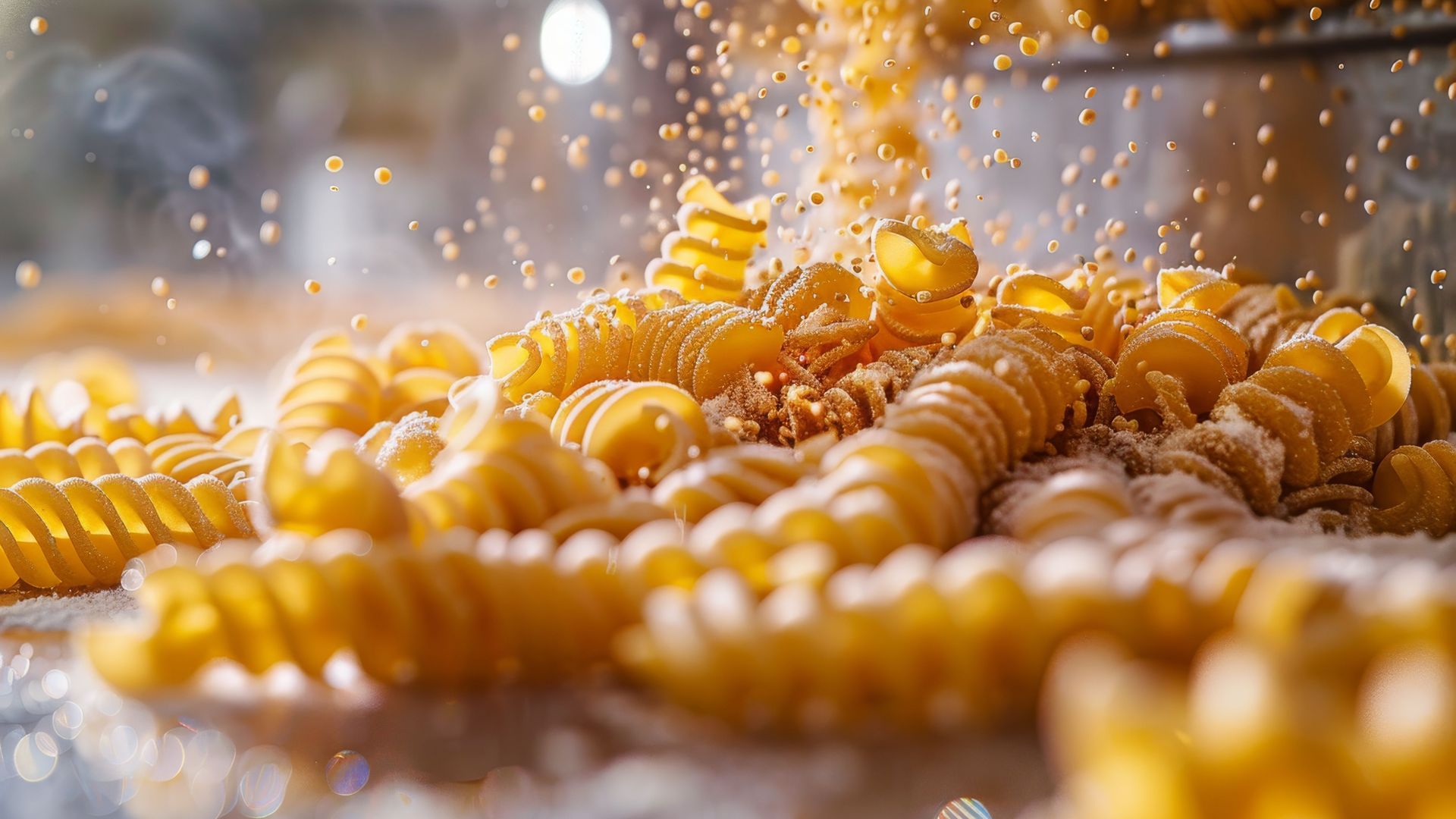 Nahaufnahme von spiralförmiger Pasta, die mit Mehl bestäubt wird