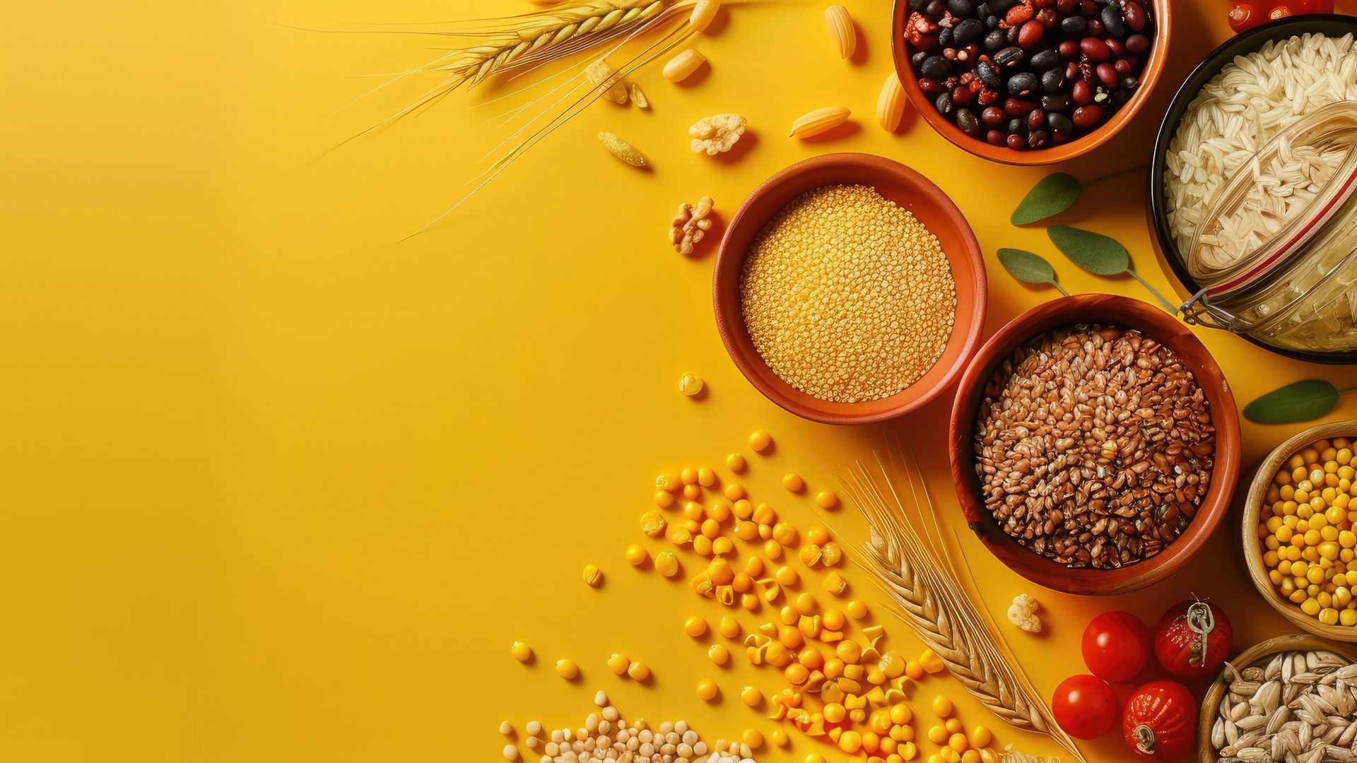 Various cereals and pulses in bowls on a yellow background