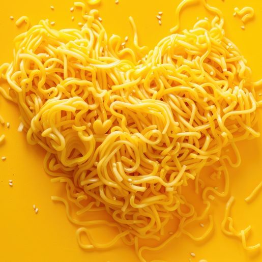 Ein Nudelherz aus Spaghetti geformt auf einem gelben Hintergrund
