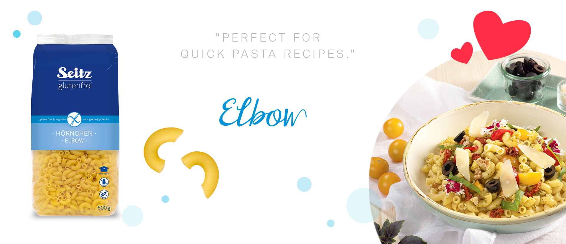 Pack of Seitz gluten-free elbow pasta with a delicious recipe image for quick pasta recipes